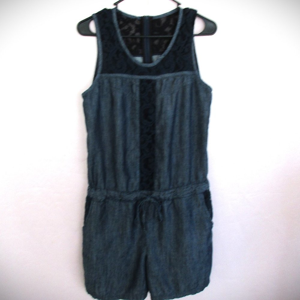 Size 10 1920s Blue Romper Linen/Lace/Nylon/Cotton Low Elasticated Waist